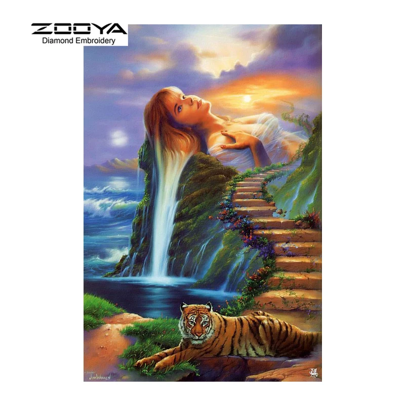694 Zooya Diamant Broderie Bricolage Diamant Peinture Mer Tigre Escaliers Coucher De Soleil Diamant Peinture Point De Croix Strass Décoration