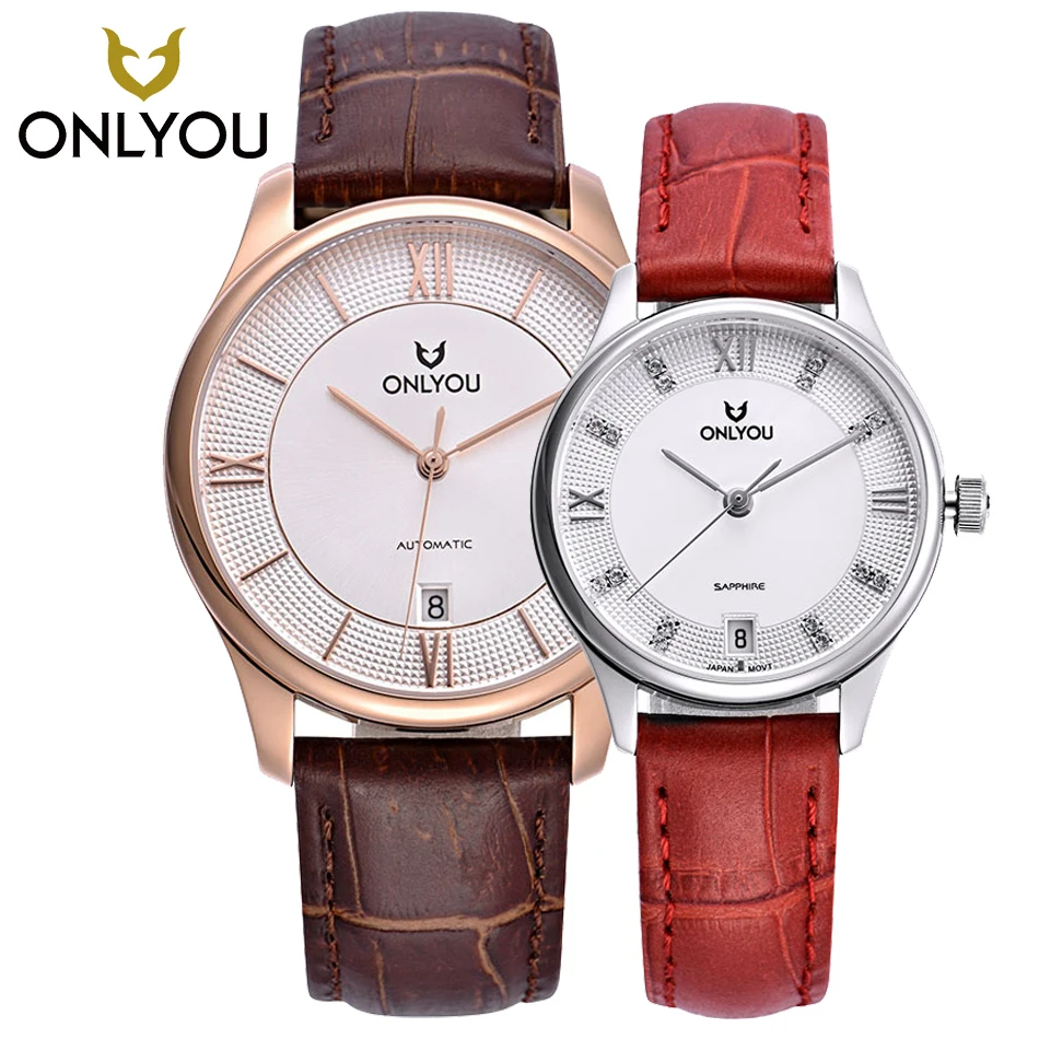 ONLYOU Watches Mens automatic Mechanical Watch AUTO Date Self-Winding Analog Brown Leather Man Wristwatch Leisure Lovers Watches