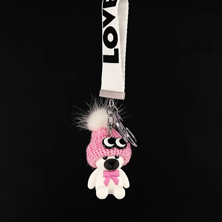 New cute resin acrylic animal bear, puppy, rabbit, color ribbon with bell cute temperament key ring pendant bag car pendant - Цвет: The bear -pink