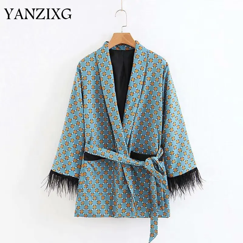 

2019 Spring Autumn New Pattern V-collar Long Sleeve Print Lace Up Two Piece Set Women Fashion Tide Suit Women Z198
