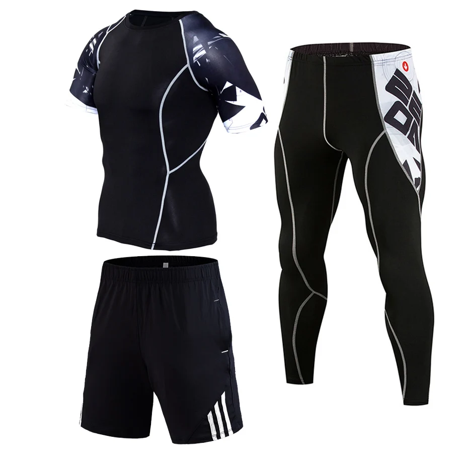Мужские короткие комплекты, спортивный костюм для бега, одежда для спортзала, рубашка, шорты, леггинсы, спортивный костюм из 3 предметов, рубашка для бега, спортивный костюм