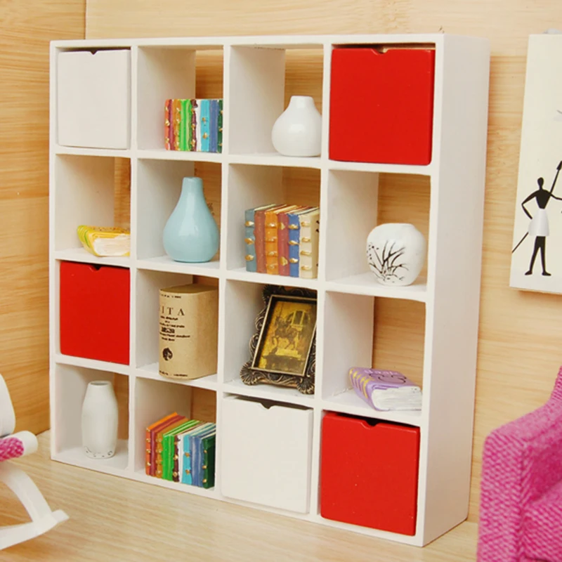 White 1: 12 Miniature Dollhouse Storage Rack 16 Grid Shelves Mini Furniture Doll House Accessories Children Diy Toy Gift