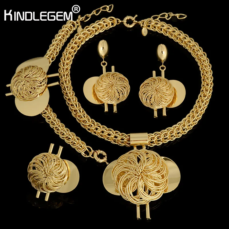 Kindlegem Fashion Big African Wedding Bridal Costume jewelry sets Dubai Indian Gold Color Long Big Pendant Necklace Sets Women