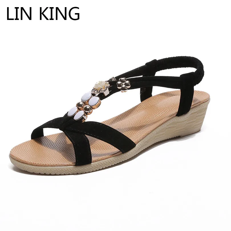 

LIN KING New Sweet Bohemia Women Sandals Leisure Crystal Beads Beach Shoes Outdoor Wedges Summer Single Shoes Ladies Sandalias