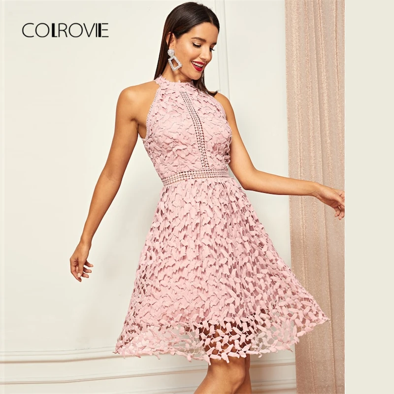 COLROVIE, розовое однотонное платье с бретелькой через шею, вечерние, кружевное платье для женщин, осень, без рукавов, милое, офисное, сексуальное платье, Элегантные мини платья