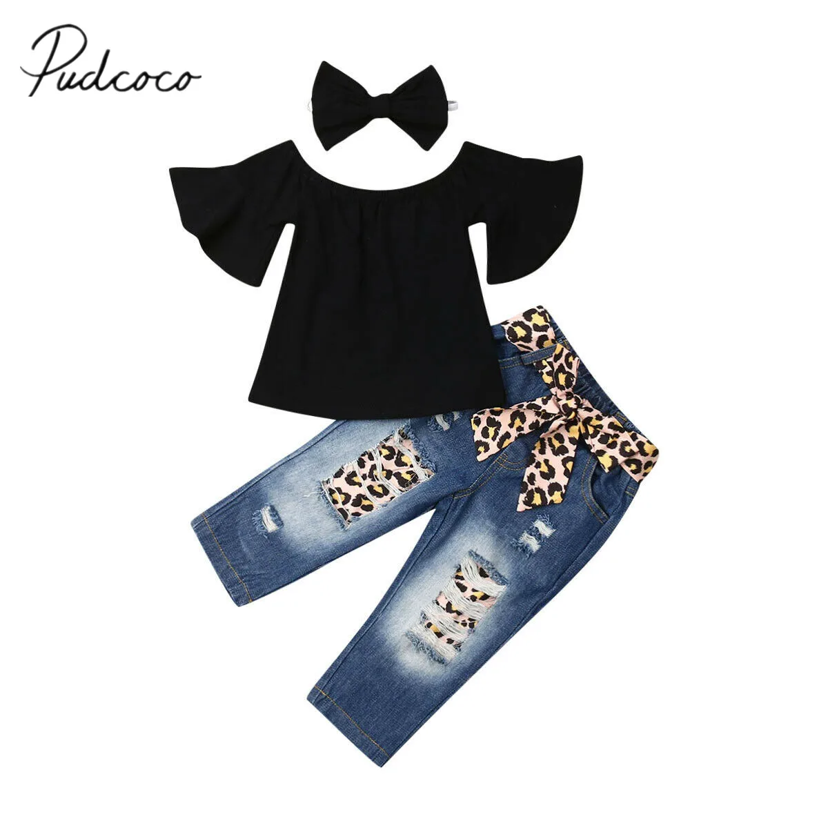 

2019 Baby Summer Clothing Toddler Baby Girl Off-Shoulder Flare Sleeve T-Shirt Leopard jeans Sash Pants Headband 3Pcs Set 1-6T