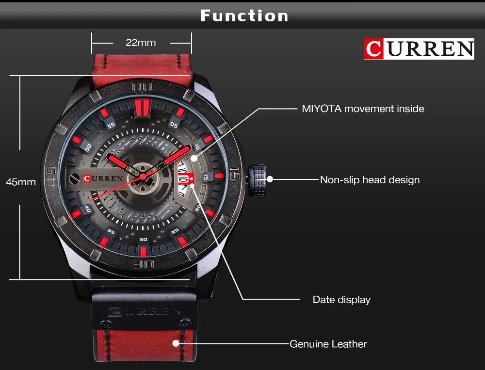 CURREN красный кожаный ремень военный дизайн календарь дисплей спортивные часы для мужчин лучший бренд класса люкс кварцевые креативные водонепроницаемые мужские часы