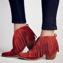 

Handsome Women Genuine Leather Ankle Boots Fashion V Front Opening Fringe Boots Round Toe Spring Autumn Med Heels Women Shoes