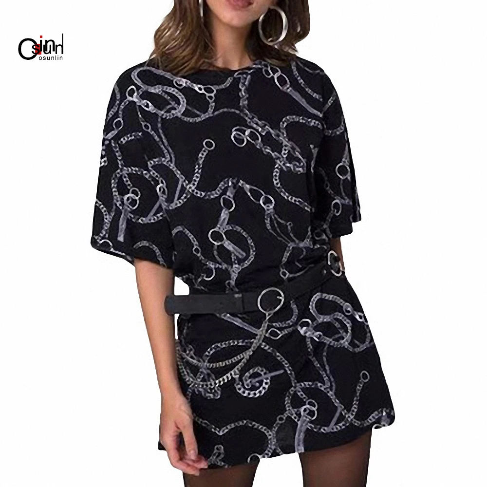 

Osunlin 2019 Women's Blouse Spring/Summer Office Lady Shirts Chain Print O-neck Long Tops Black Casua Loose Tunic Tops De Mujer