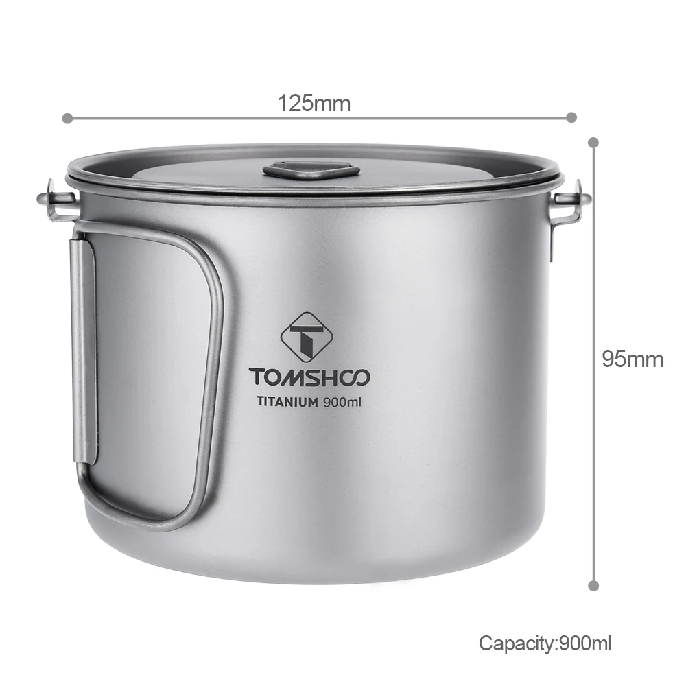900ML Titanium Pot Portable Titanium Water Mug Cup with Lid and Foldable Handle for Outdoor Camping Cooking Picnic Tableware