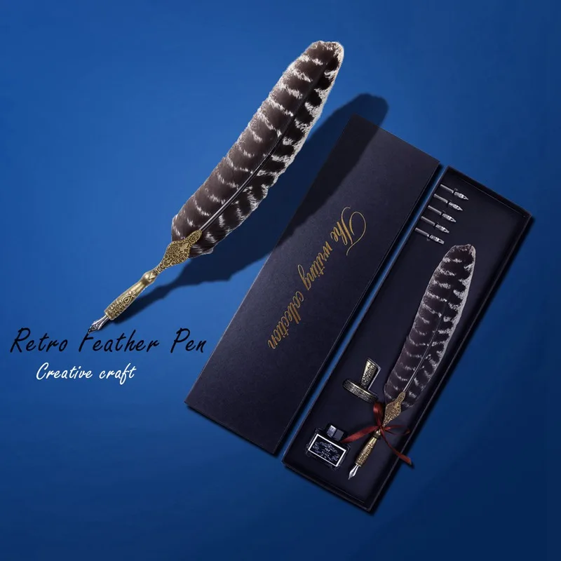 

Creative Craft Vintage Feather Pen Vintage Carved Metal Drown Pen Signature Gift Continental Vintage Ink Feather Pen Set Gift