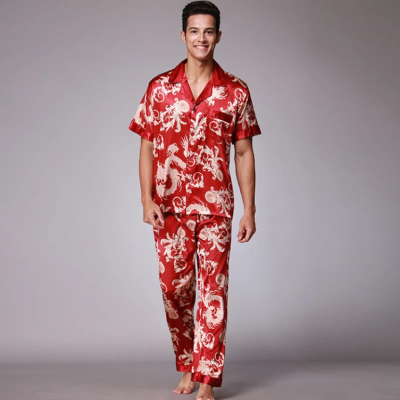 SSH021 Autumn Summer Loungewear Short Sleeves Long Pants Pajama Set Men Printed Satin Silk Pyjamas Male Pajamas Pijama Sleepwear