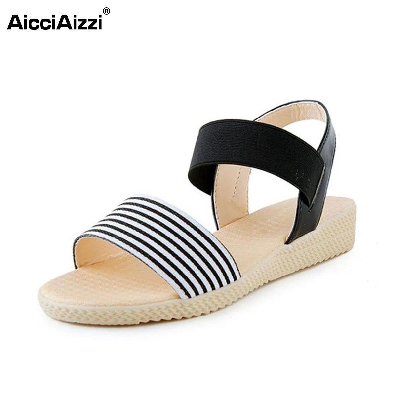 

AicciAizzi Office Lady Striped Flats Sandals Open Toe Mixed Color Flats Sandals Summer Vacation Shoes Woman Sandals Size 35-40