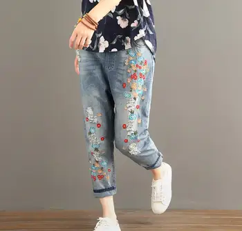 

2019 Spring Women New Style Loose Elastic Waist Embroidery Jeans Fashion Brand Show Thin Female Haren Pants gx55