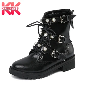

KemeKiss Genuine Leather Leisure fashion Boots Pearl Woman Shoes Casual 3 Buckles Boots Shoes Woman Female Boot Size 34-39