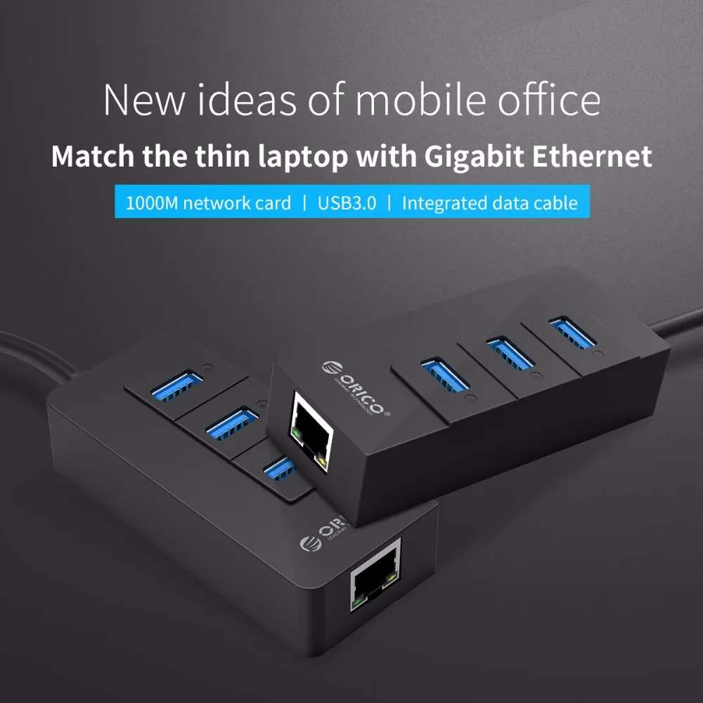 Cena ORICO HR01 U3 3 porty super prędkość USB3.0 rozgałęźnik hub z zewnętrznym RJ45 Gigabit karta sieciowa ethernet 5 gb s czarny dla Laptop