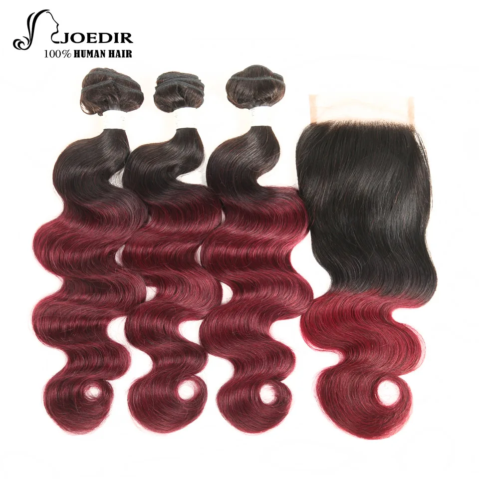 Joedir Brazilian Body Wave Human Hair 3 Bundles With Closure Ombre Remy Hair Weave T1B/99J Free Part Lace Closure Free Ship brazilian-body-wave-closure