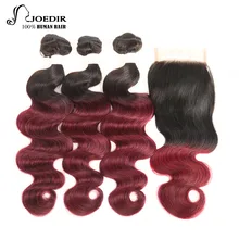 Joedir Brazilian Body Wave Human Hair 3 Bundles With Closure Ombre Remy Hair Weave T1B/99J Free Part Lace Closure Free Ship