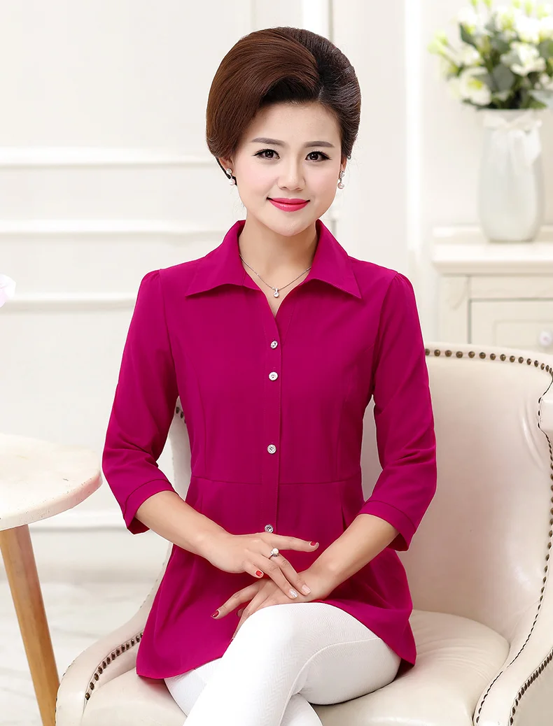 Woman Casual Shirt Half Sleeve Top Red Green Blue Plain Blouses Women Turn Down Collar Tops Peplum Blouses Bottom Front Top Plus Size (6)
