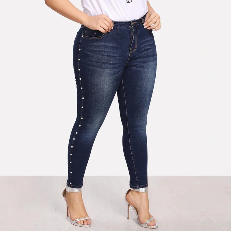 

Wipalo Women Pearl Trimmed Streetwear Plus Size Jeans Mid Waist Ninth Skinny Denim Pants Casual Jeans Femme Pencil Pants S-3XL