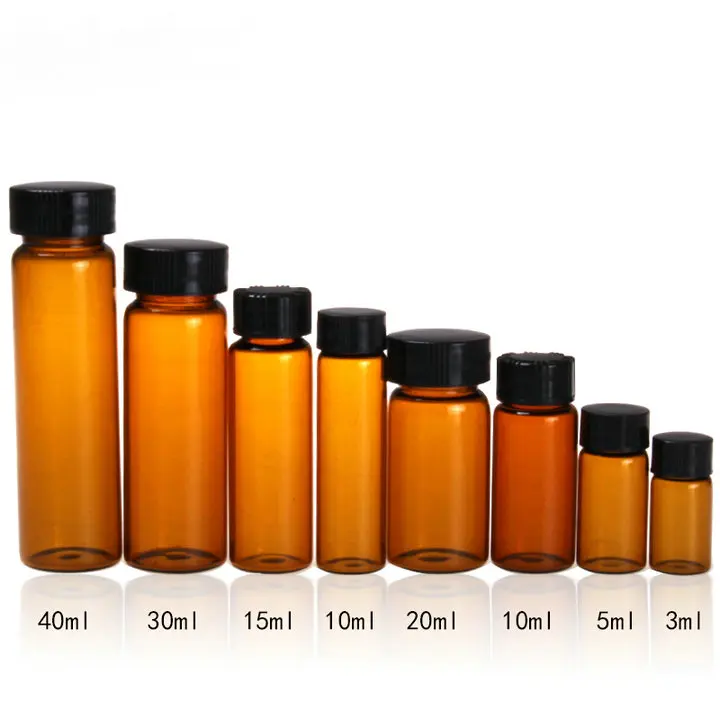 

3ml to 50ml Brown Glass sample bottles with black plastic screw cap, essential oil bottle for lab use
