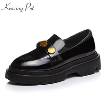 Krazing pot/Новая женская обувь с закрытым носком на среднем каблуке натуральная кожа с круглой металлической пряжкой, без застежки женские туфли-лодочки с круглым носком; туфли в стиле преппи L18