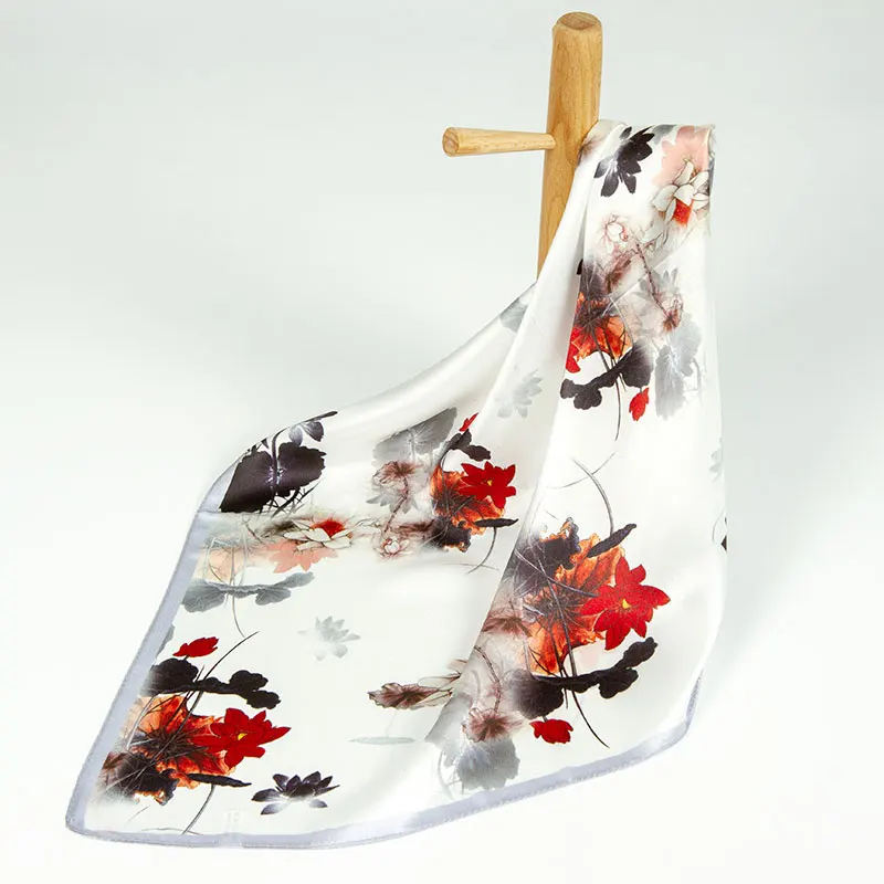 

100% Silk Scarf Women Scarf Neckerchief Lotus Scarf Silk Bandana 2019 Flower Foulard Small Square Silk Scarf Nice Gift for Lady