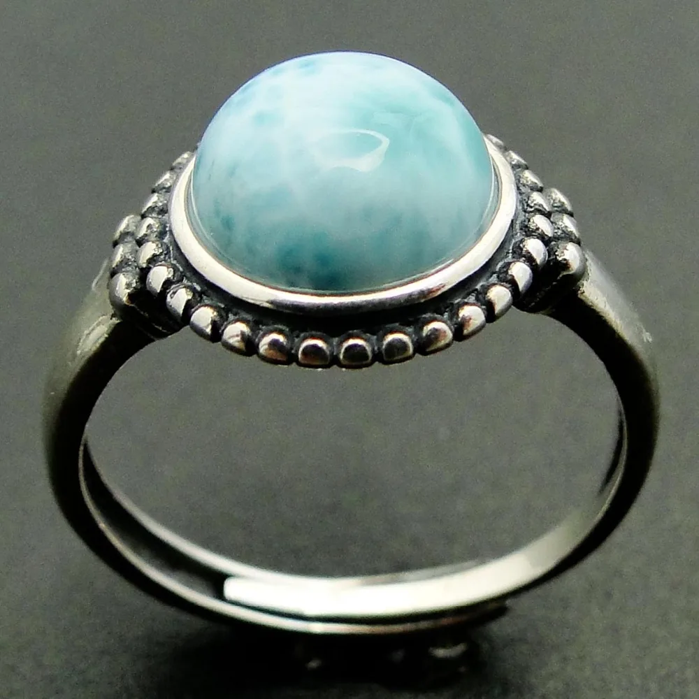 Винтажный дизайн, натуральное кольцо с ларимаром, 925 пробы, серебряные ювелирные изделия, Круглый Ларимар камень, обручальное кольцо для женщин, регулируемое кольцо, размер
