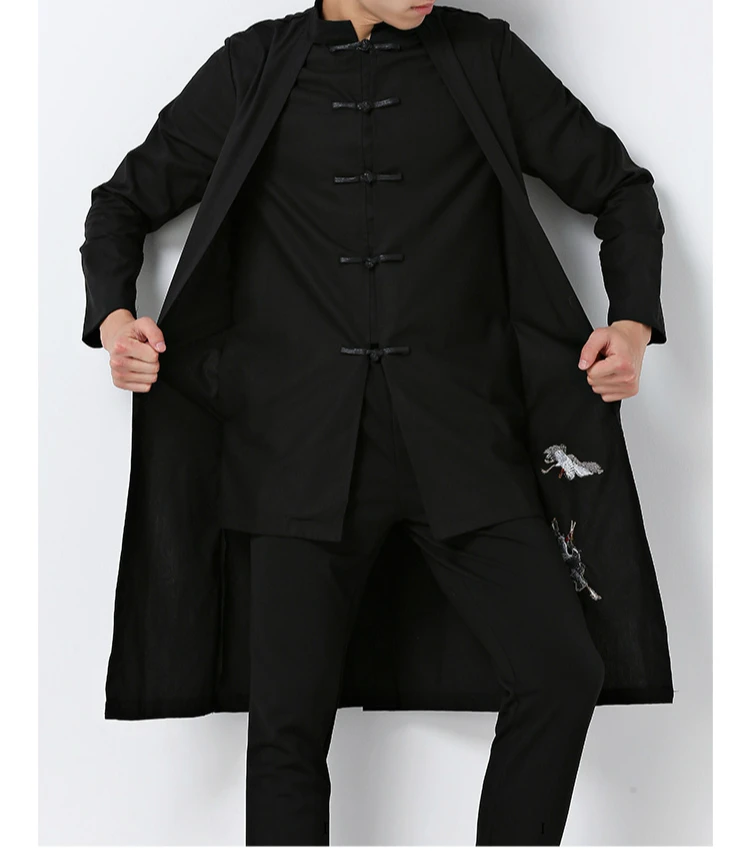 Chinese Long Style Thin Cotton&Linen Trench Coat Crane Embroidery