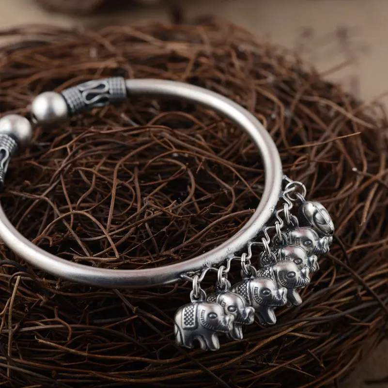 

925 Silver Elephant Charms Bangle Fashion 100% S925 Sterling Silver Open Size Diameter 55mm Bangles for Women Jewelry