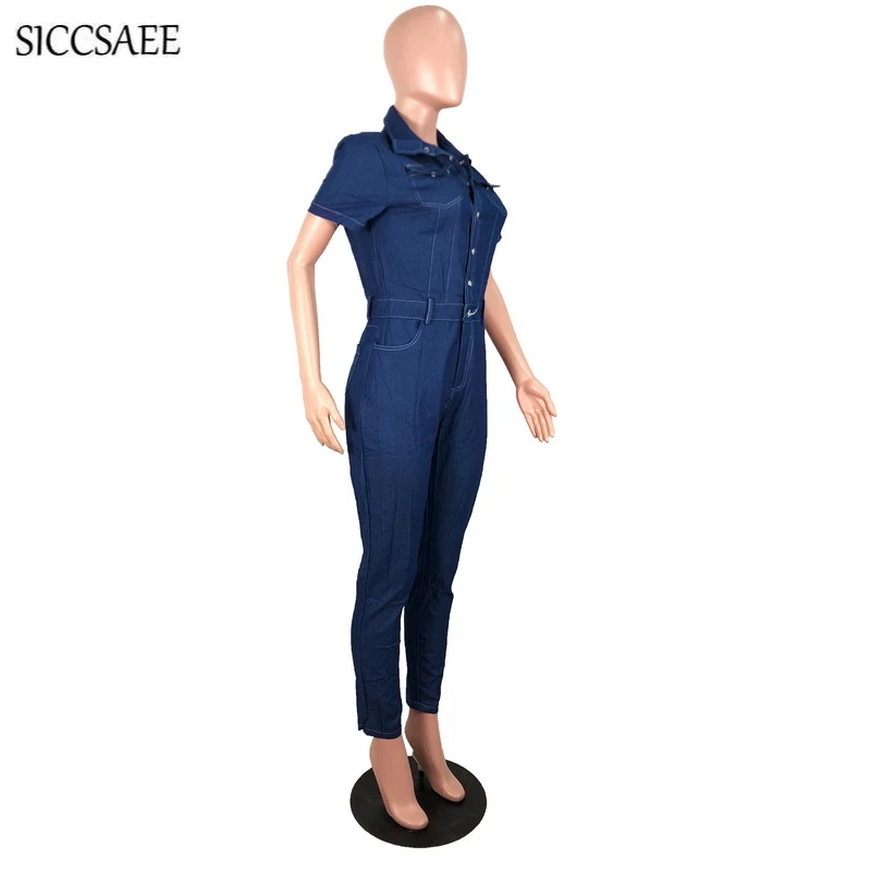 Turn Down Collar Denim Rompers Womens Jumpsuit Long Pants Bodycon Bandage Overalls Short Sleeve Button Front Sexy Mono Mujer Turn Down Collar Denim Rompers Womens Jumpsuit Long Pants Bodycon Bandage Overalls Short Sleeve Button Front Sexy Mono Mujer