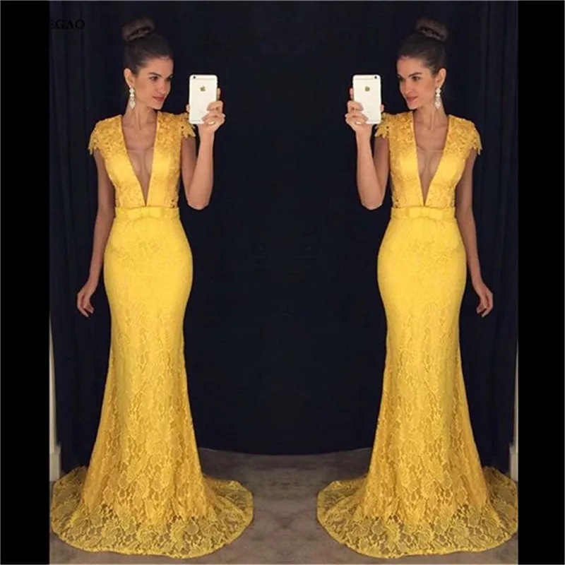 Sexy Deep V Neck Trumpet Tulle Prom Dress, Elegant Yellow Lace Prom Dress with Covered Buttons, Cap Sleeves Long Sweep Train Prom Dress_副本2_副本_副本