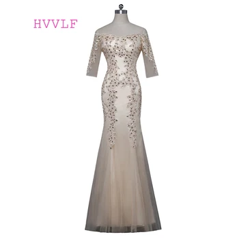 

Champagne Mother Of The Bride Dresses Mermaid Half Sleeves Crystals Groom Mother Dresses Long Evening Dresses For Weddings