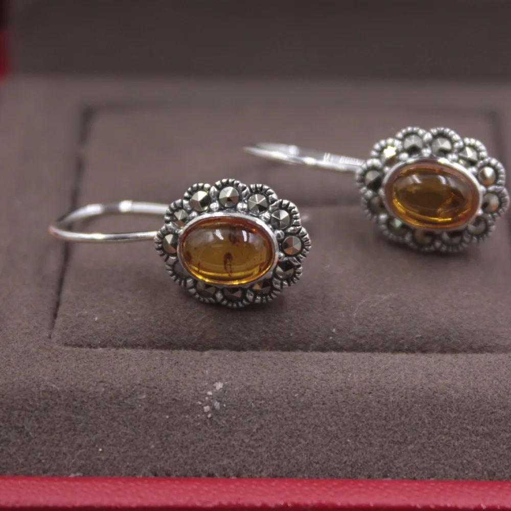 

Pure S925 Silver Dangle Earrings Amber Zircon Flower Women's Earrings Drop 21mmL Fashion New