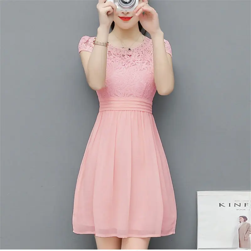 Korea New Fashion Elegant Pink Solid Chiffon Lace Dress Women Summer O ...