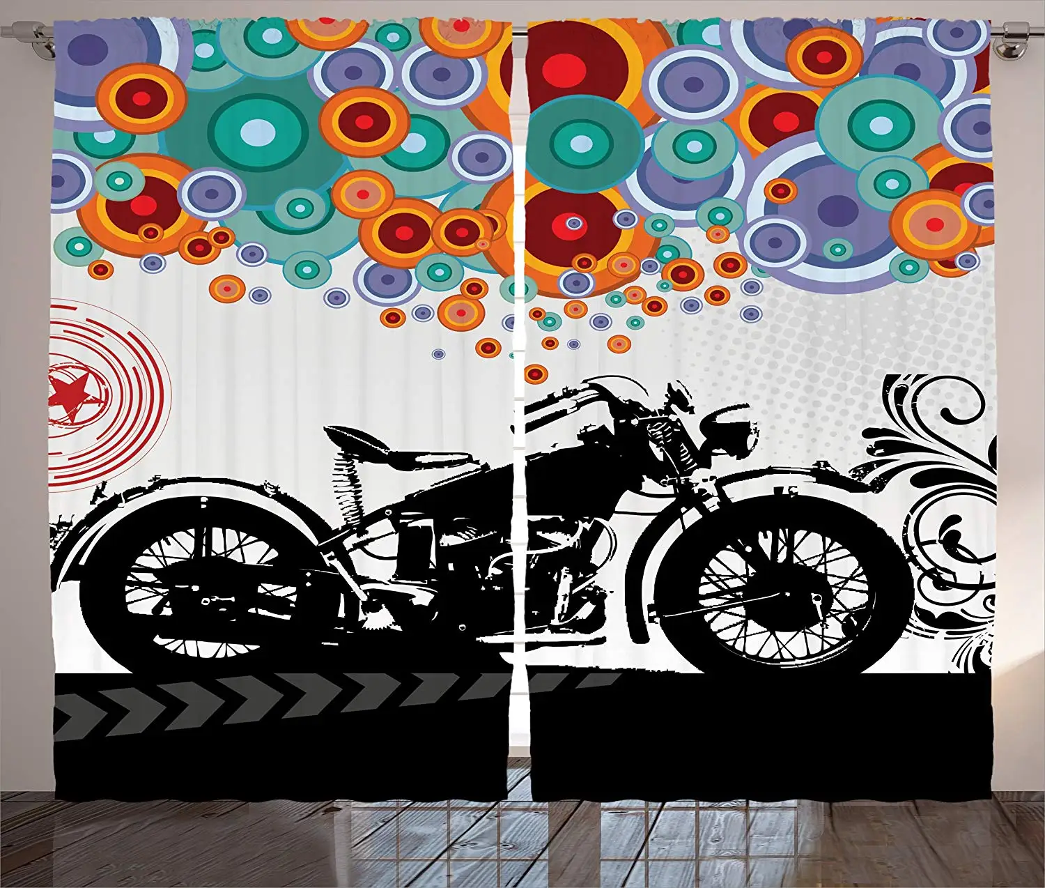 

Manly Curtains Motorcycle Abstract Circle Shapes Ornament Urban Modern Life Clubs Party Window Drapes for Living Room Bedroom
