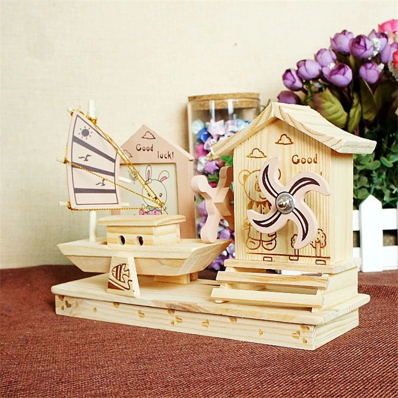 

Cute Rabbit and Little Bear Painting Music Box with Small Boat Good Luck Birthday Presents for Children or Friends Bedroom Decor