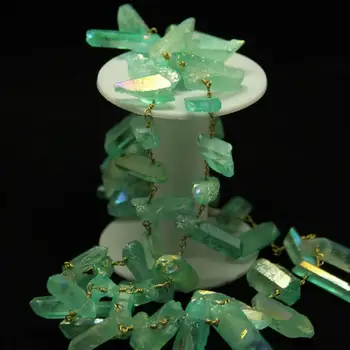 

Special Faceted Green Crystal Quartz Point Beads Chains Crafts,Wire Wrapped Golden Brass Rosary Links Spikes Jewelry Necklace