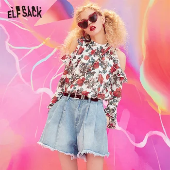 

ELFSACK Floral Casual Women Chiffon Shirt Fashion Off Shoulder Flare Top Woman Blouses 2019 Summer New Sweet Woman Clothing
