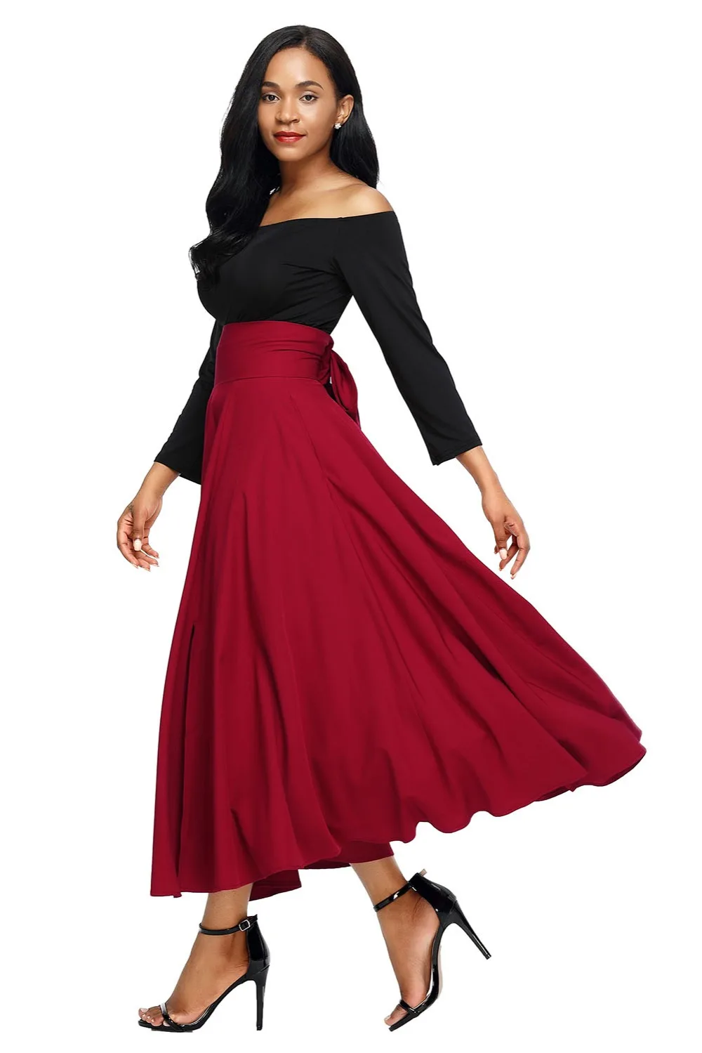 Red-Retro-High-Waist-Pleated-Belted-Maxi-Skirt-LC65053-3-3