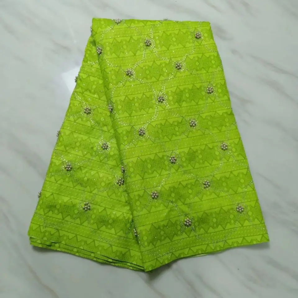 

5Yards/pc Hot sale lemon green bazin lace fabric with beads and rhinestone african brocade cotton fabric for party dress BZ27-8