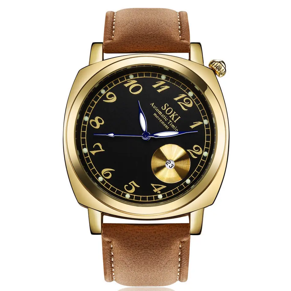 100 шт./лот, кварцевые часы SOKI из натуральной кожи, мужские деловые часы с датой,, рождественский подарок, часы