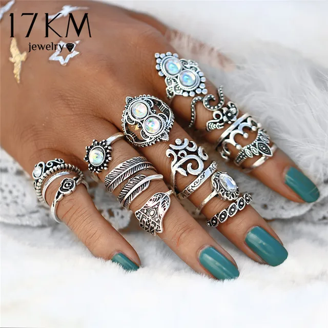 17KM Vintage Hand Knuckle Opal Finger Ring Set For Women Leaf Flower Heart Crown 17KM Vintage Hand Knuckle Opal Finger Ring Set For Women Leaf Flower Heart Crown