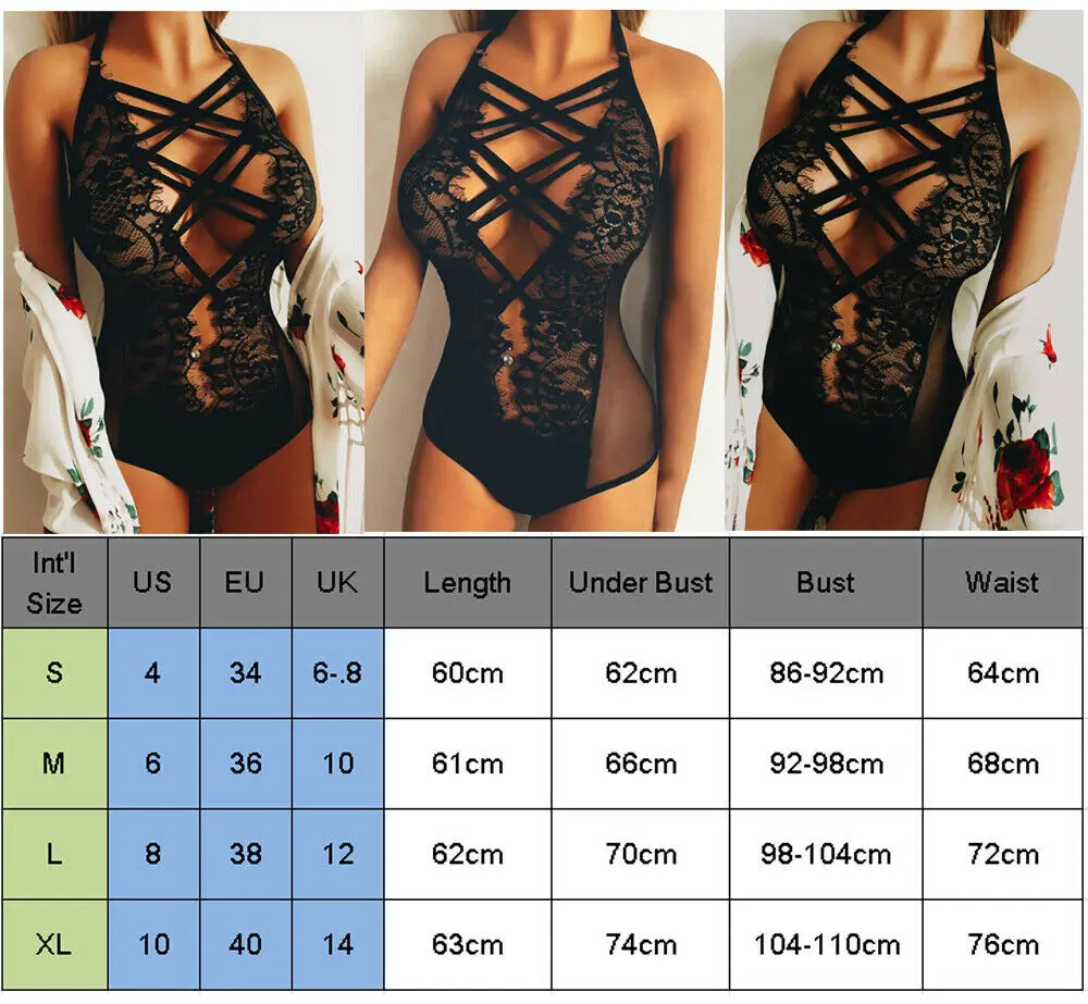 Women Sexy Lace Bandage Teddies Babydolls G-String Hollow Out Female Halter Bodysuit Underwear Sleepwear Nightwear