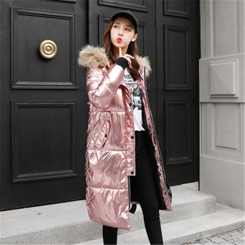 

2019 Winter Women hooded Bright Cotton Padded Parka Thickening Warm Long Silver Coat Ladies Slim Puffer Jacket Plus Size 2XL