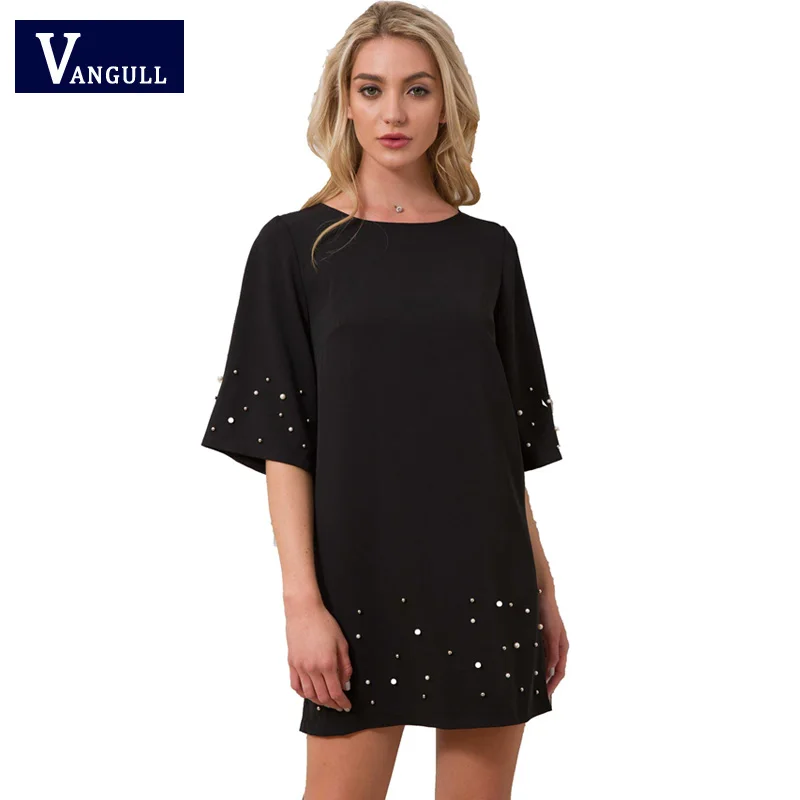 

2018 new fashion summer sweet lady woman casual loose Japan style fashion o-neck cuff beading solid black half sleeve dress