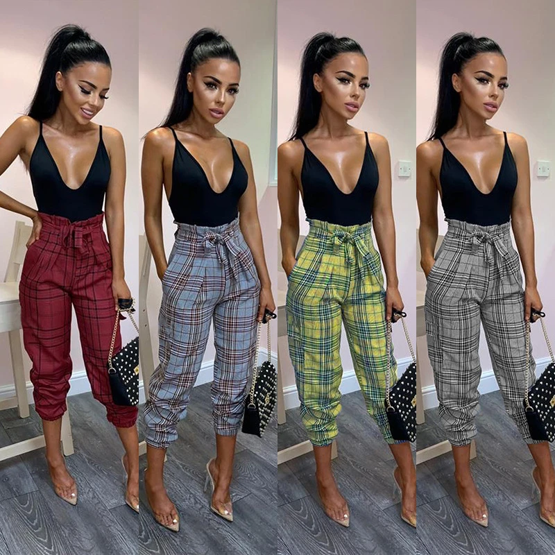 4 colores Streetwear pantalones cuadros de cintura alta 2019 mujeres bolsillo pantalones a cuadros pantalones talla grande pantalón Mujer Harajuku|Pantalones y pantalones capri| - AliExpress