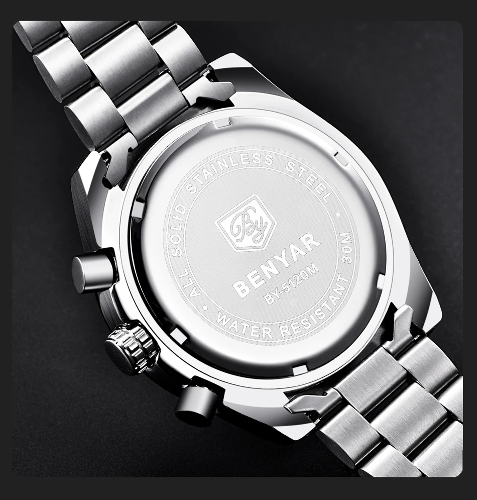 Benyar мужские часы лучший бренд класса люкс полный стальной Бизнес Спорт хронограф кварцевые наручные часы Мужские relogio masculino saat