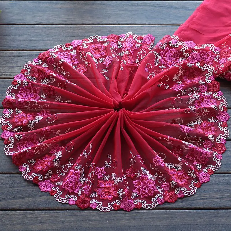 Free shipping 2 Yards Lace Trim rose Embroidered red Tulle Lace 8.27