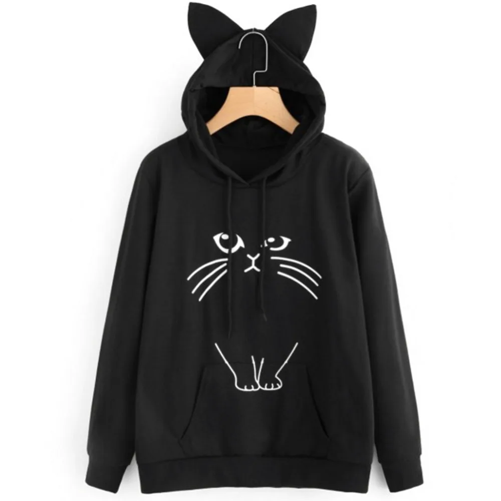 Новые красивые удобные толстовки с капюшоном Kawaii розовый зимний рисунок кота модный длинный рукав ушками с капюшоном для Pregnants свитшоты#295800